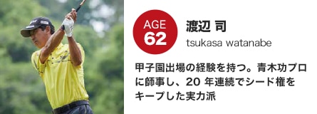 渡辺 司 甲子園出場の経験を持つ。青木功プロに師事し、20 年連続でシード権をキープした実力派