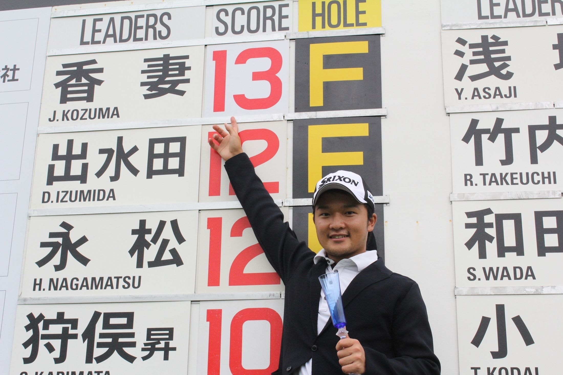 チャレンジツアー初優勝を遂げた香妻陣一朗は自分の名を指し誇らしげ(提供：大会事務局)