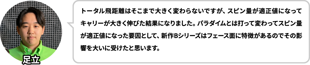 トータル飛距離はそこまで大きく変わらないですが、スピン量が適正値になってキャリーが大きく伸びた結果になりました。パラダイムとは打って変わってスピン量が適正値になった要因として、新作Bシリーズはフェース面に特徴があるのでその影響を大いに受けたと思います。