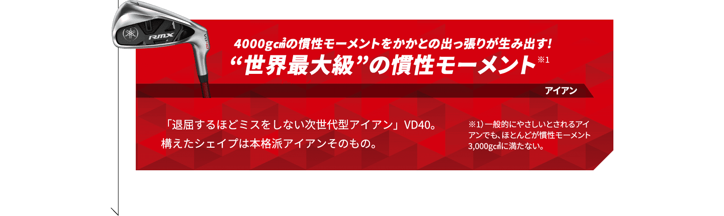 4000g㎠の慣性モーメントをかかとの出っ張りが生み出す!　“世界最大級”の慣性モーメント※1（アイアン）「退屈するほどミスをしない次世代型アイアン」VD40。構えたシェイプは本格派アイアンそのもの。 ※1一般的にやさしいとされるアイアンでも、ほとんどが慣性モーメント3,000g㎠に満たない。