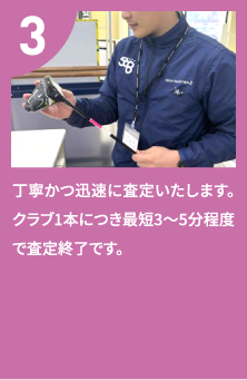 丁寧かつ迅速に査定いたします。クラブ1本につき最短3〜5分程度で査定終了です。