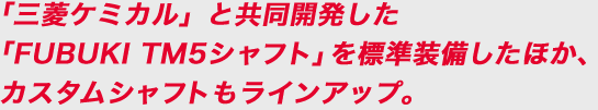 「三菱ケミカル」と共同開発した「FUBUKI TM5シャフト」を標準装備したほか、カスタムシャフトもラインアップ。