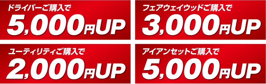 ドライバーご購入で5,000円UP、フェアウェイウッドご購入で3,000円UP、ユーティリティご購入で2,000円UP、アイアンセットご購入で5,000UP