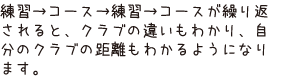 練習→コース→練習→コースが繰り返されると、クラブの違いもわかり、自分のクラブの距離もわかるようになります。