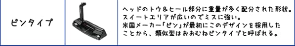 ピンタイプ:ヘッドのトウ＆ヒール部分に重量が多く配分された形状。スイートエリアが広いのでミスに強い。米国メーカー「ピン」が最初にこのデザインを採用したことから、類似型はおおむねピンタイプと呼ばれる。