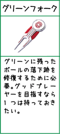 グリーンフォーク:グリーンに残ったボールの落下跡を修復するために必要。グッドプレーヤーを目指すなら1つは持っておきたい。