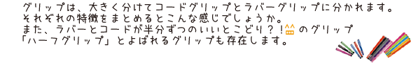 グリップは、大きく分けてコードグリップとラバーグリップに分かれます。それぞれの特徴をまとめるとこんな感じでしょうか。また、ラバーとコードが半分ずつのいいとこどり？！４のグリップ「ハーフグリップ」とよばれるグリップも存在します。