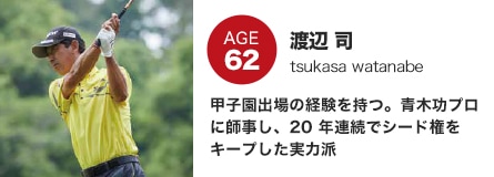 渡辺 司　甲子園出場の経験を持つ。青木功プロに師事し、20 年連続でシード権をキープした実力派